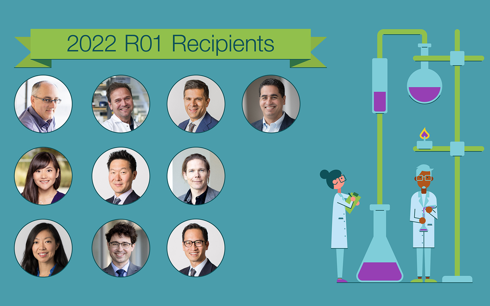 Graphic showing photos of the 10 UCSF neurosurgery faculty members awarded funding next to a cartoon illustration of two scientists surrounded by beakers and flasks