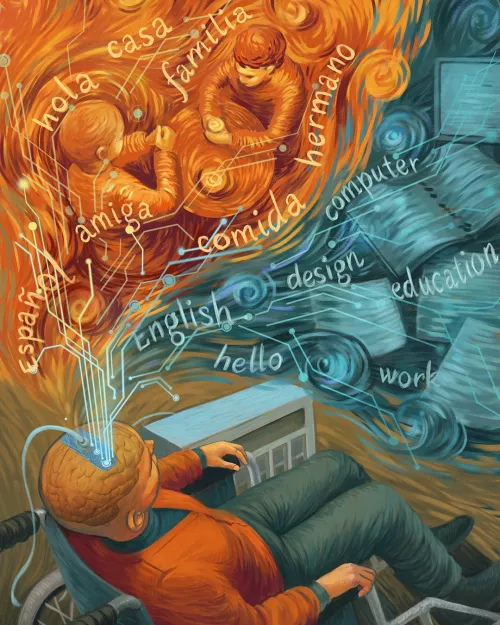 Illustration depicting how the participant uses English and Spanish in different contexts in his life.
