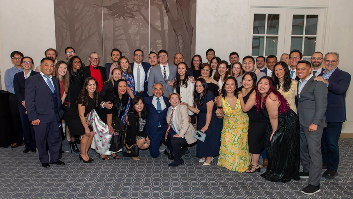 Members of the UCSF Department of Neurosurgery pose for a group photo to celebrate the graduation of chief residents Tom Wozny, MD, John Andrews, MD and John Yue, MD.