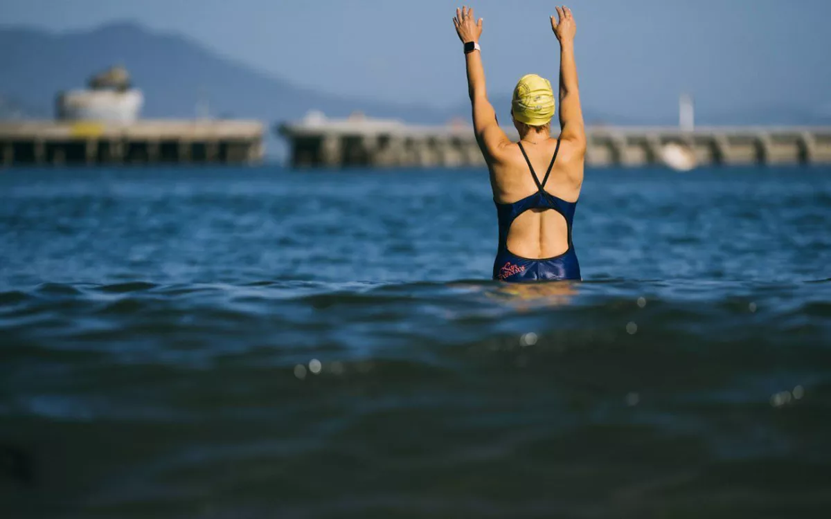 Photo of person swimming in the San Francisco Bay.