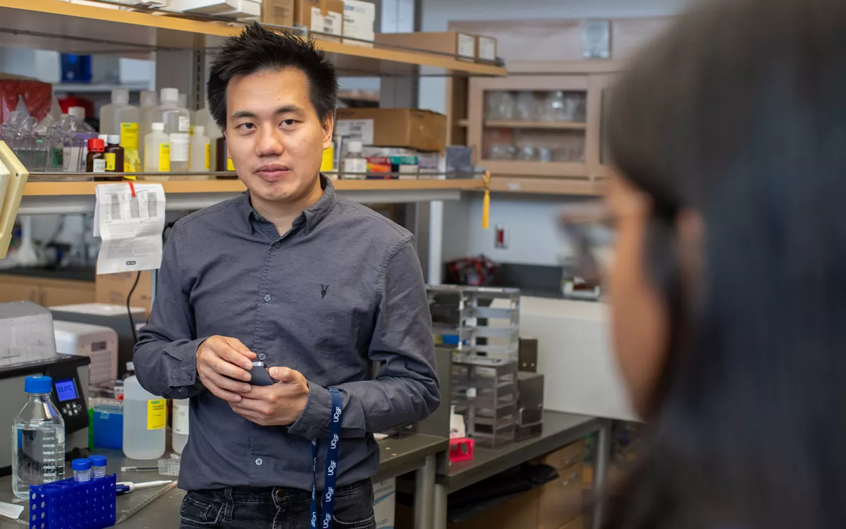UCSF pediatric neurosurgeon Winson Ho, MD, in his lab.