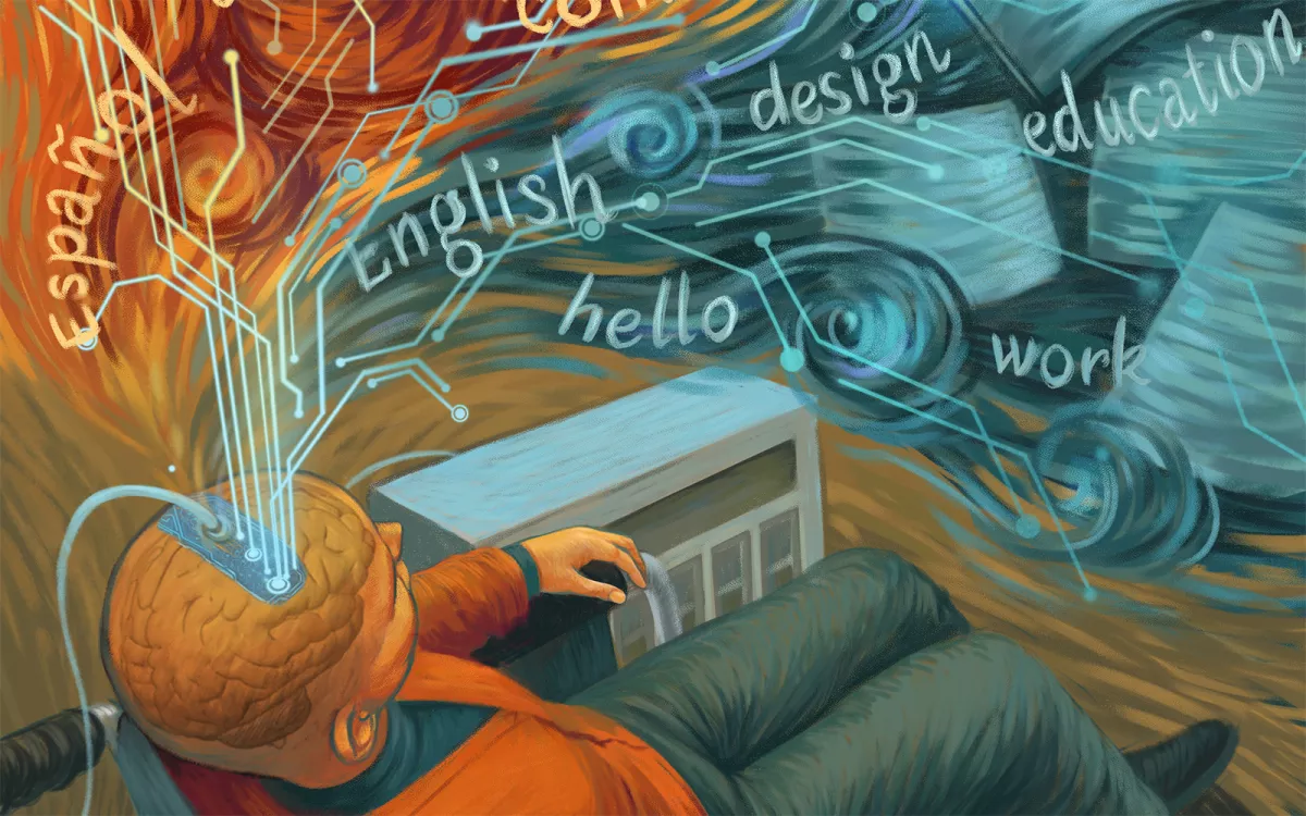 Illustration depicting how the technology allowed a paralyzed man to speak both English and Spanish. Art by Chang lab and Ella Maru.