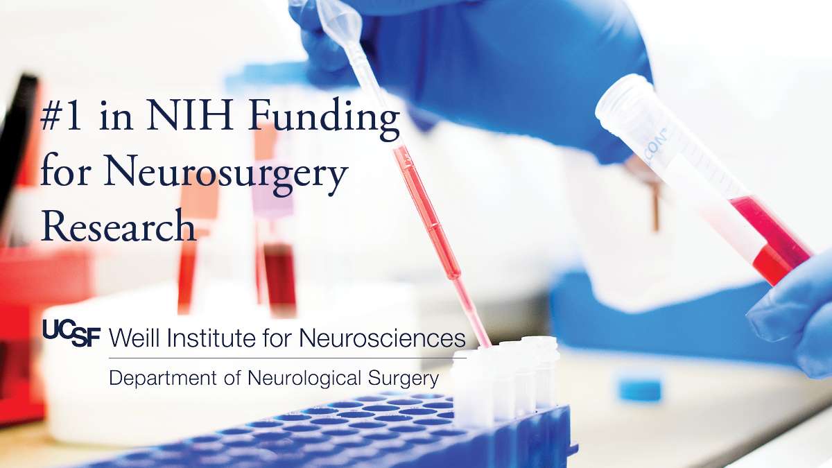 Close-up of a researcher with gloves pipetting red liquid into a clear tube. Text banner says #1 in NIH Funding for Neurosurgery Research. The logo the the neurosurgery department is also visible.