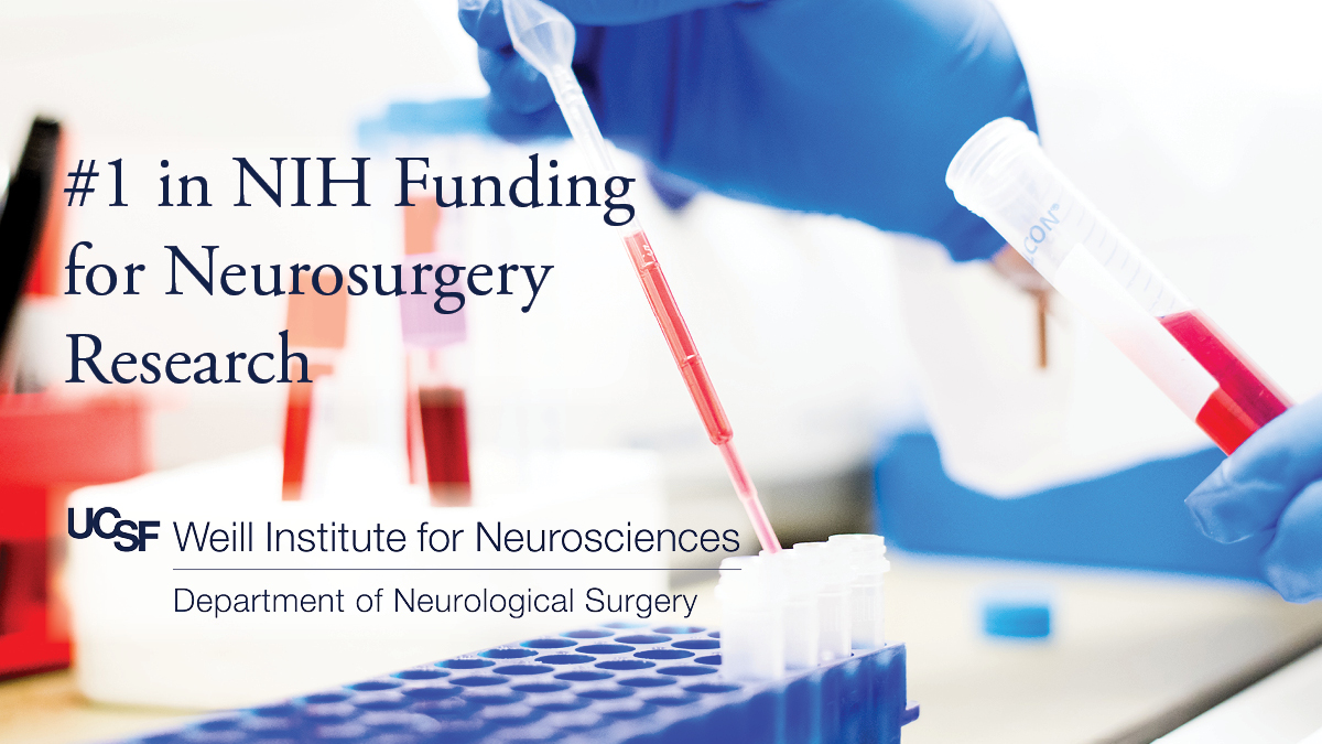 Text saying #1 in NIH funding over a background image of a person with gloves pipetting liquid into a test tube on a rack. 