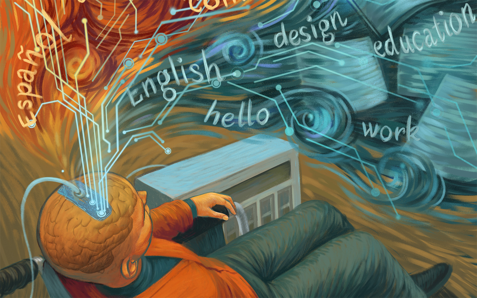 Illustration depicting how the technology allowed a paralyzed man to speak both English and Spanish. Art by Chang lab and Ella Maru.