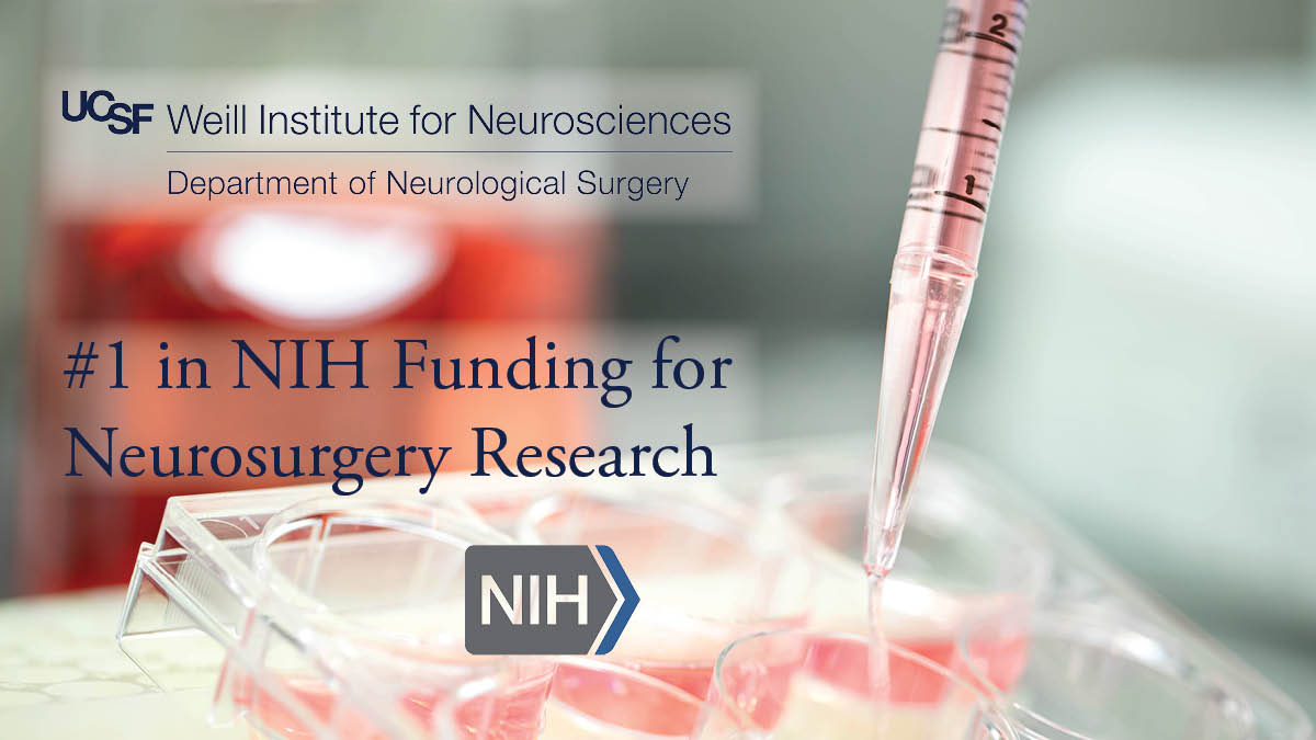 Graphic showing a photo of cell culture media being pipetted into a 6-well tissue culture plate as well as the logos of the National Institutes of Health and the UCSF Department of Neurological Surgery. Photo credit: Susan Merrell.